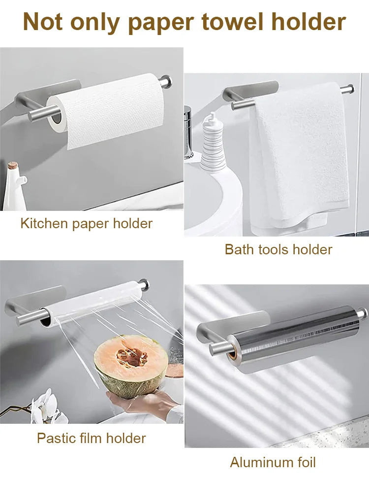 Suporte de toalha de papel higiênico autoadesivo, suporte de rolo de papel sem perfuração, gancho de cozinha, suporte de armazenamento, montagem na parede de aço inoxidável