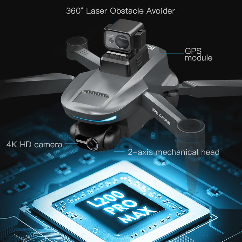 L200 PRO MAX Drone 4K Gimbal Profissional de 2 Eixos 360 °   Motor sem escova para evitar obstáculos GPS Quadcopter FPV RC Drones